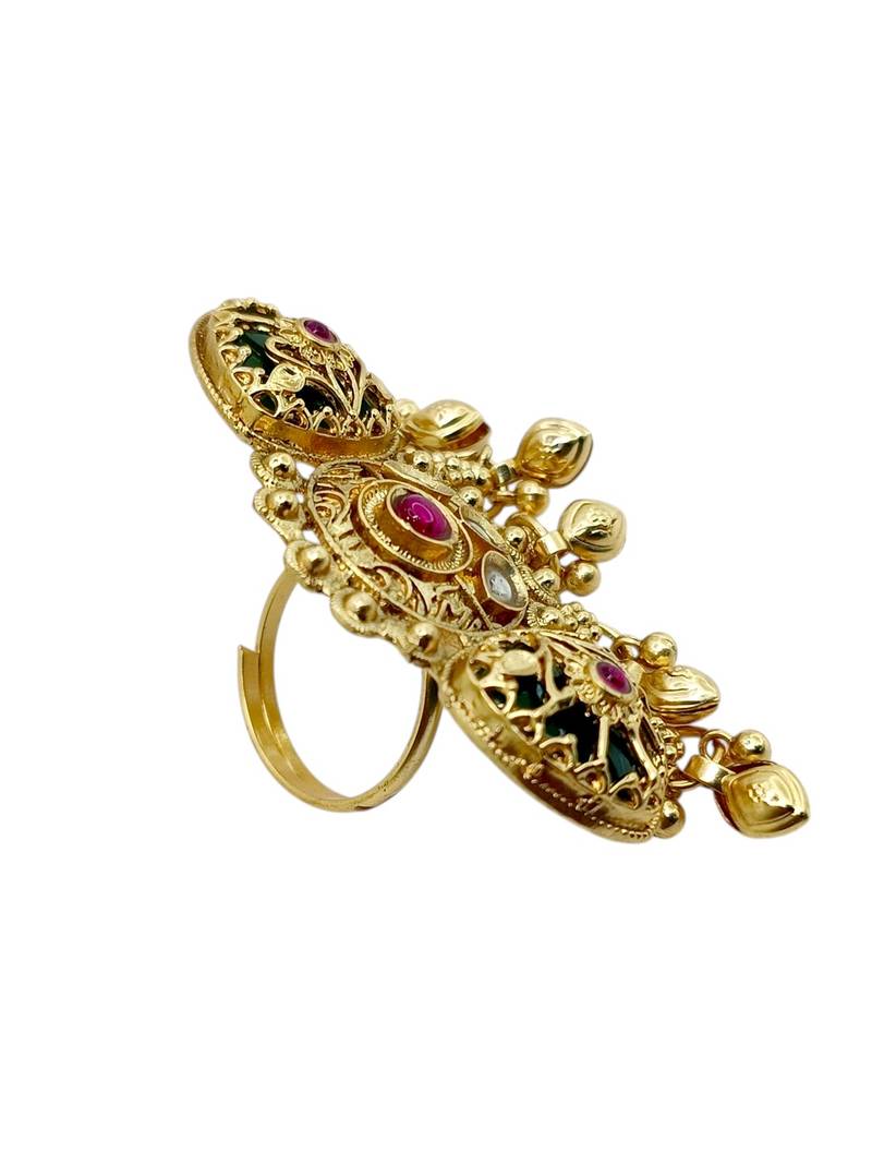 Gold plated kundan heritage meenakari adjustable finger ring