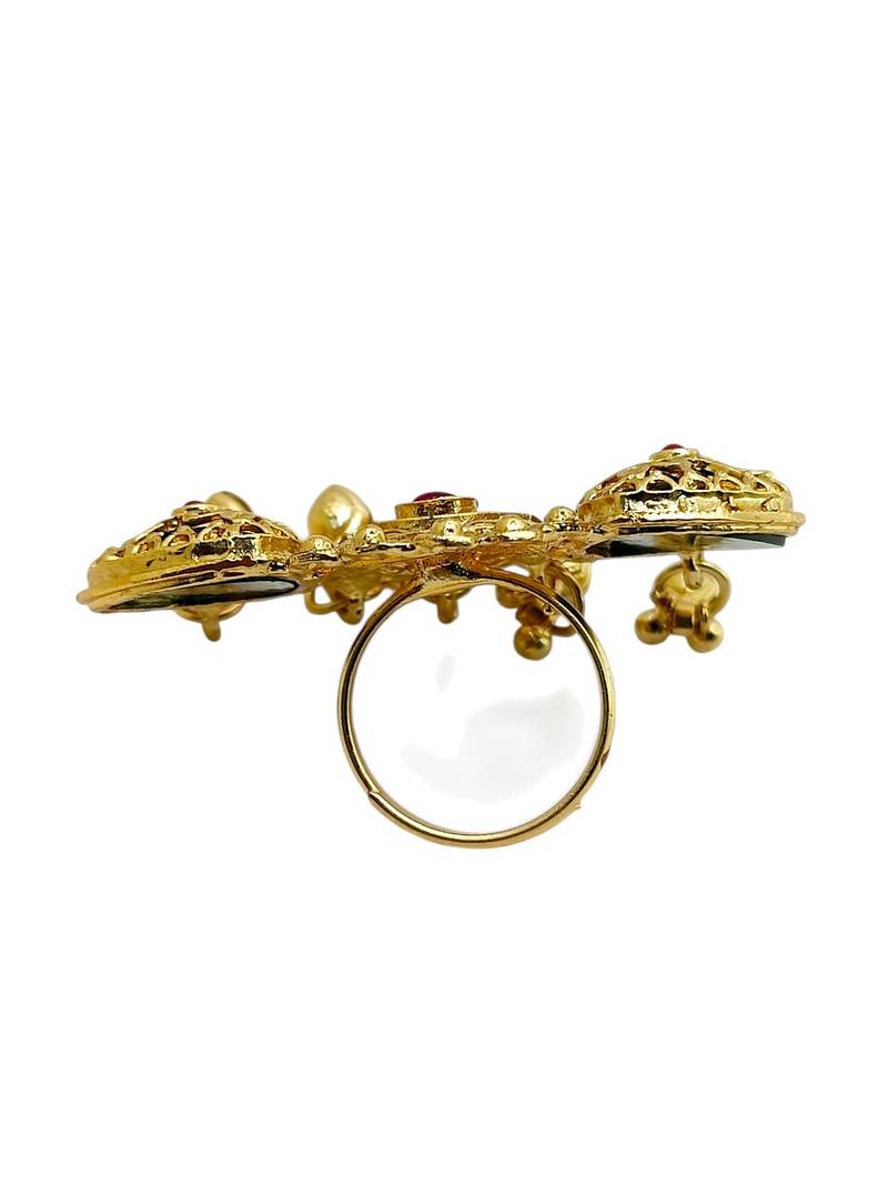 Gold plated kundan heritage meenakari adjustable finger ring