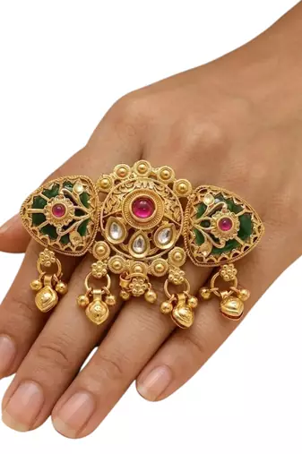 Gold plated kundan heritage meenakari adjustable finger ring