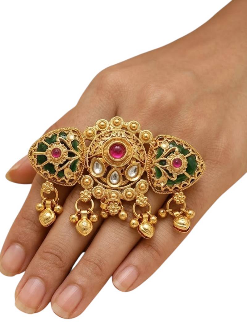 Gold plated kundan heritage meenakari adjustable finger ring