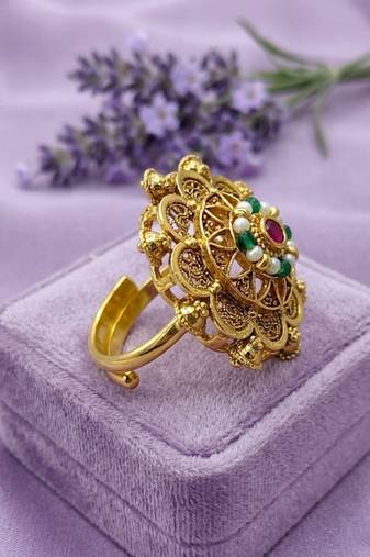 Gold plated mandala floral adjustable finger ring