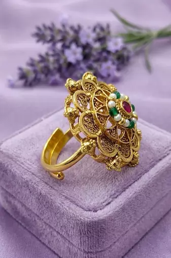 Gold plated mandala floral adjustable finger ring