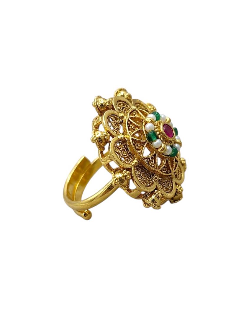 Gold plated mandala floral adjustable finger ring