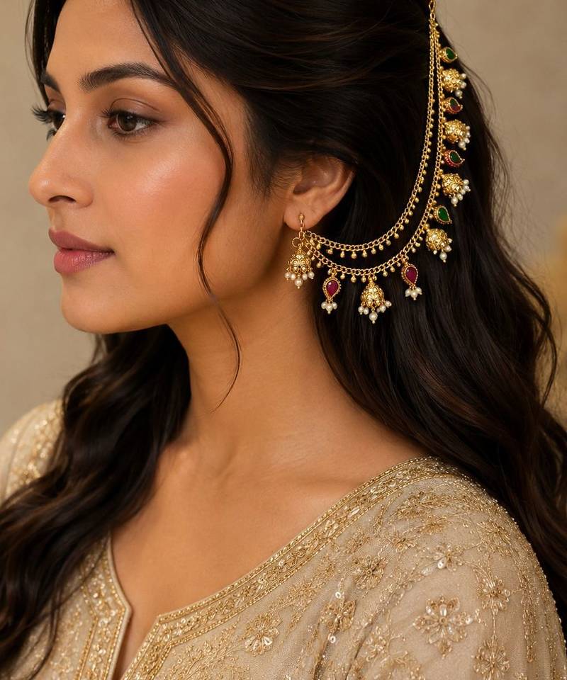 Gold plated bahubali layered ear chain