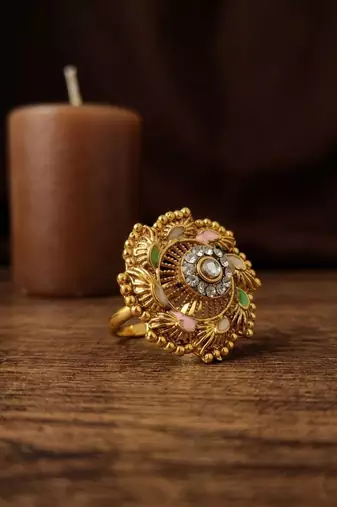Gold plated cz ennamel adjustable finger ring