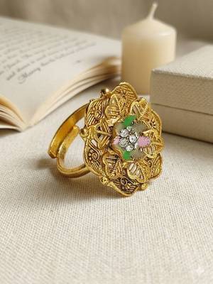 Gold plated cz floral adjustable finger ring 1