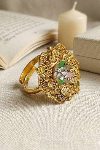 Gold plated cz floral adjustable finger ring