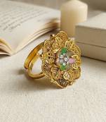 Gold plated cz floral adjustable finger ring