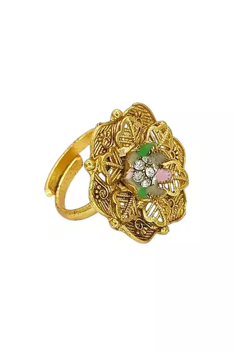 Gold plated cz floral adjustable finger ring