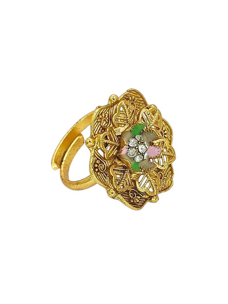 Gold plated cz floral adjustable finger ring