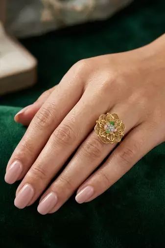 Gold plated cz floral adjustable finger ring