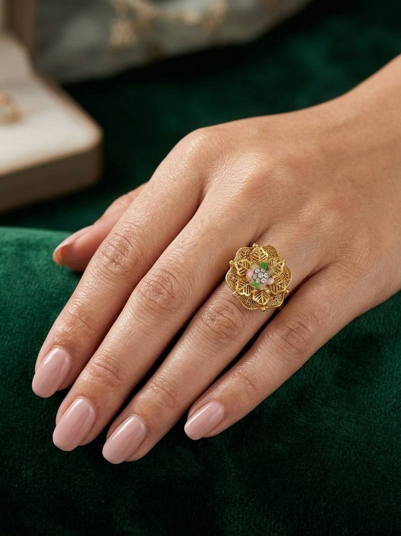Gold plated cz floral adjustable finger ring