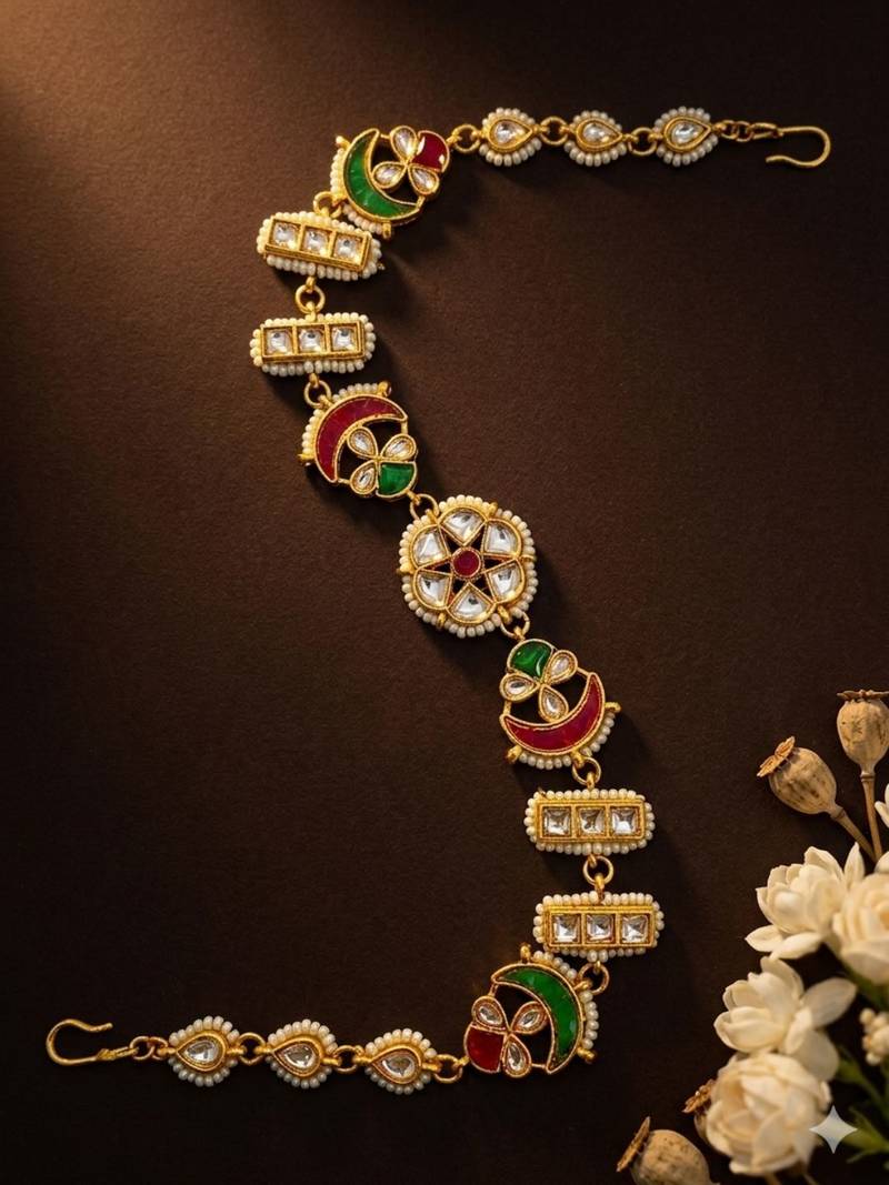 Gold plated kundan mathapatti sheeshphool head jewellery