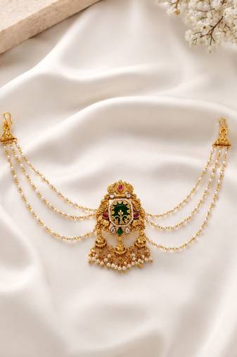 Gold plated peacock kundan heritage bun pin