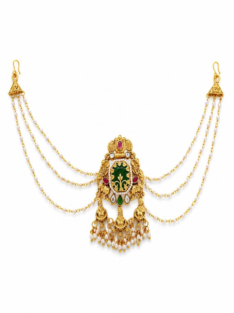 Gold plated peacock kundan heritage bun pin