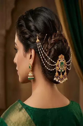 Gold plated peacock kundan heritage bun pin