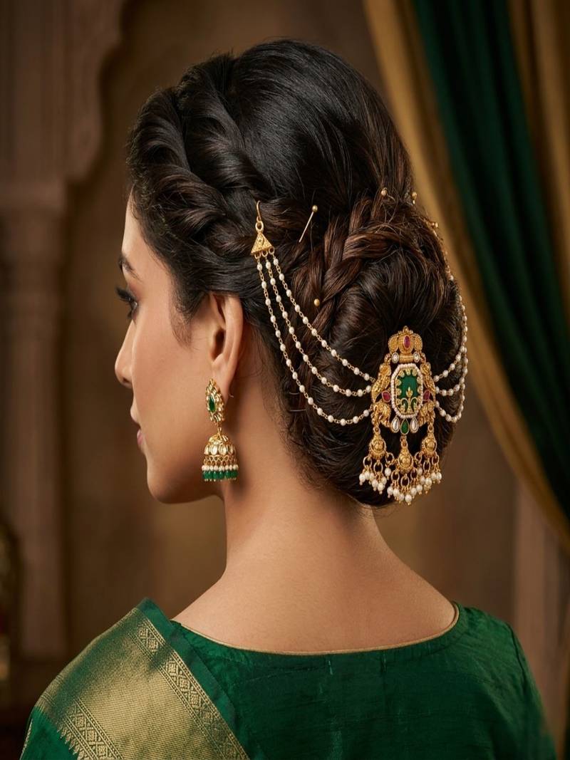 Gold plated peacock kundan heritage bun pin