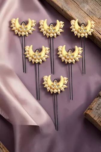 Set of 6 kundan chandrakor u pin head jewellery