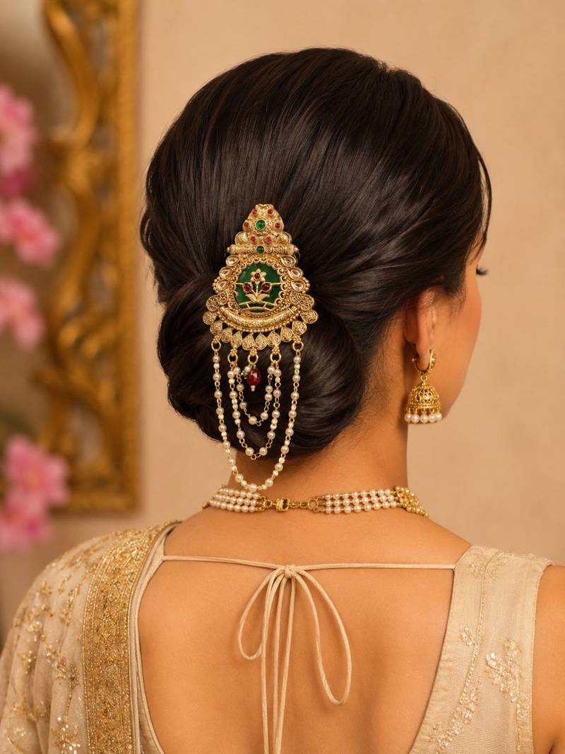 Gold plated kundan heritage bun pin