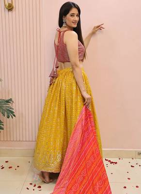 Yellow zari work georgette haldi lehenga with blouse 3
