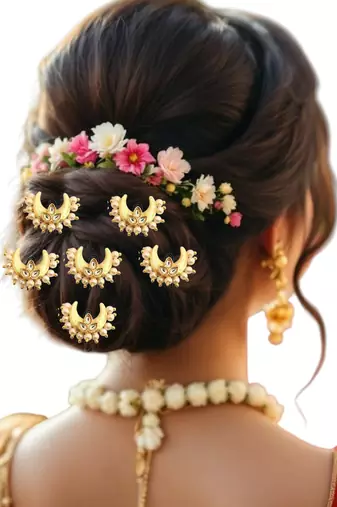 Set of 6 kundan chandrakor u pin head jewellery