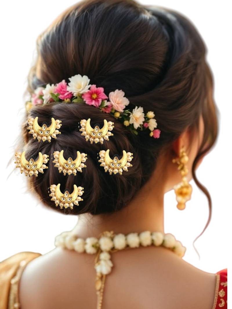 Set of 6 kundan chandrakor u pin head jewellery