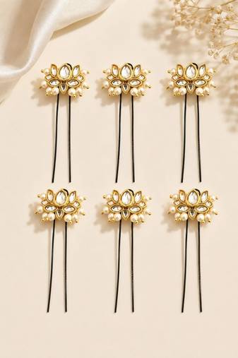Set of 6 lotus kundan u pin head jewellery
