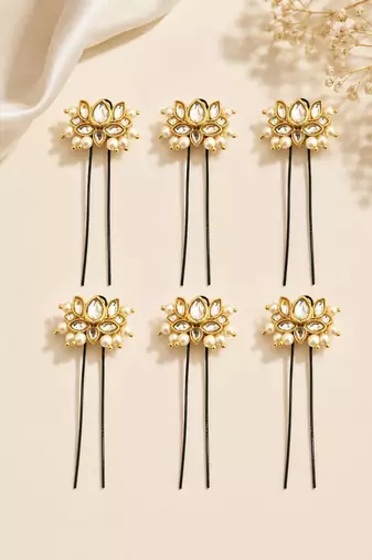 Set of 6 lotus kundan u pin head jewellery