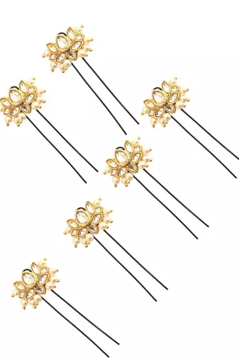Set of 6 lotus kundan u pin head jewellery