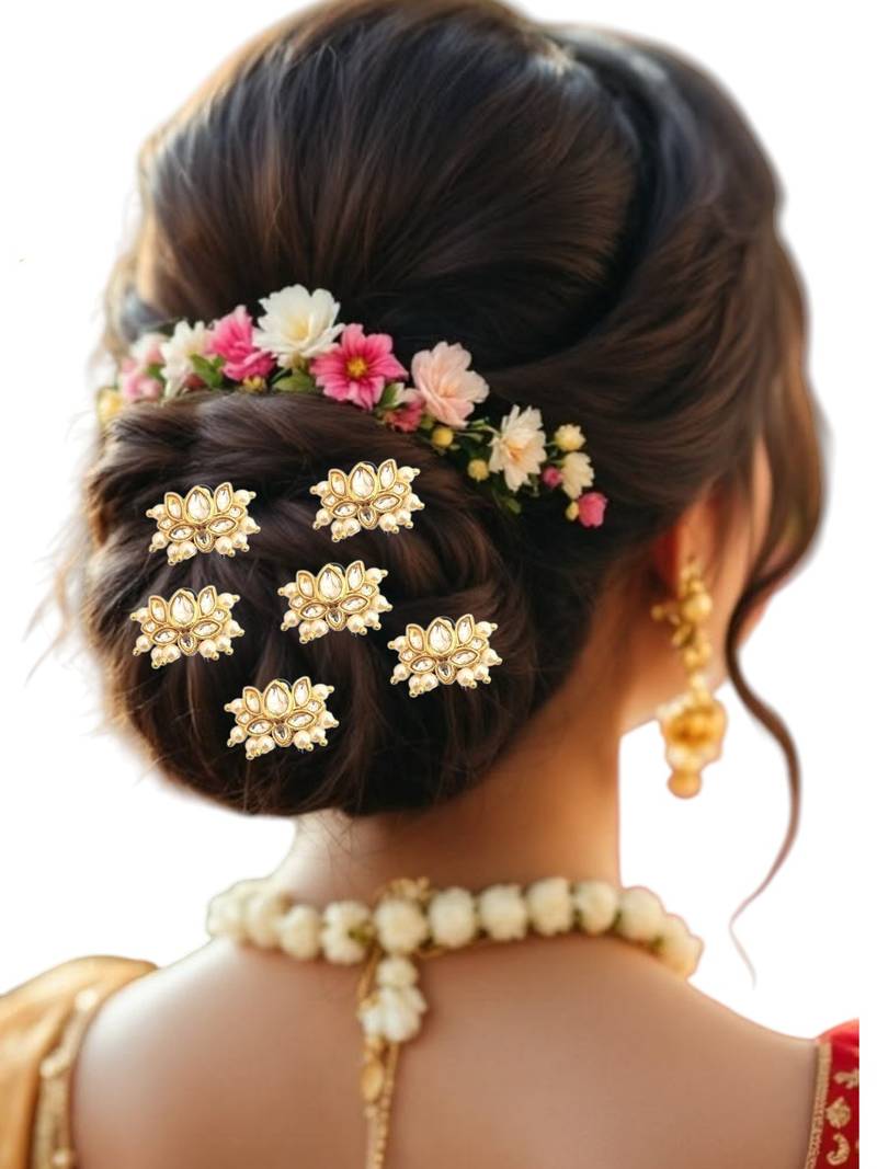 Set of 6 lotus kundan u pin head jewellery