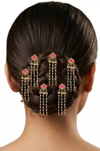 Set of 6 pink lotus meenakari u pin head jewellery