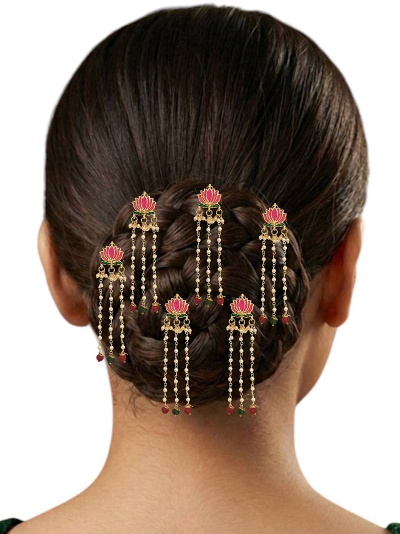 Set of 6 pink lotus meenakari u pin head jewellery