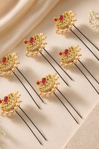 Set of 6 gold plated peacock design u pin head jewellery