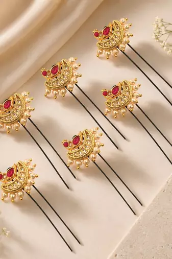 Set of 6 gold plated peacock design u pin head jewellery