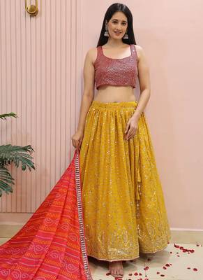 Yellow zari work georgette haldi lehenga with blouse 4