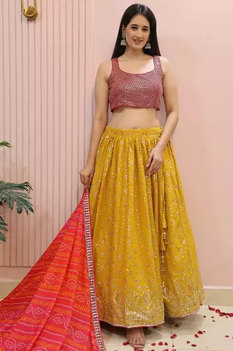 Yellow zari work georgette haldi lehenga with blouse