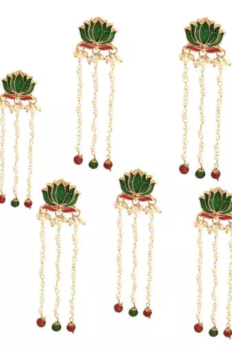 Set of 6 green lotus meenakari u pin head jewellery