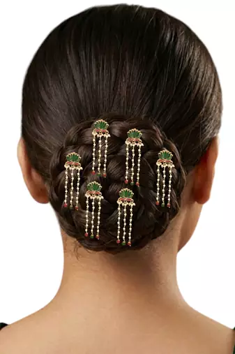 Set of 6 green lotus meenakari u pin head jewellery