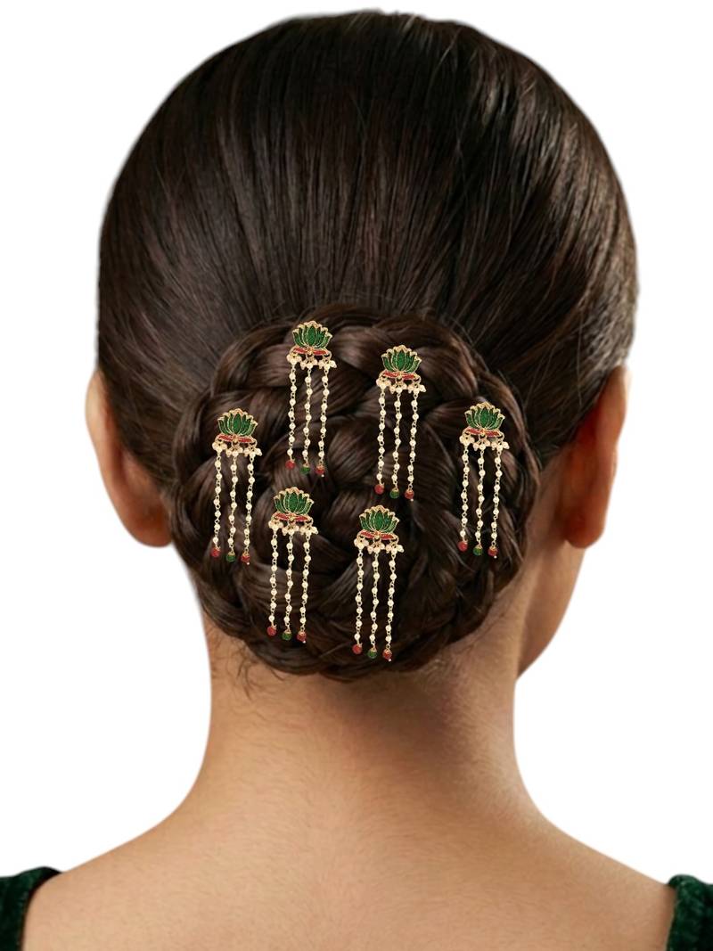 Set of 6 green lotus meenakari u pin head jewellery