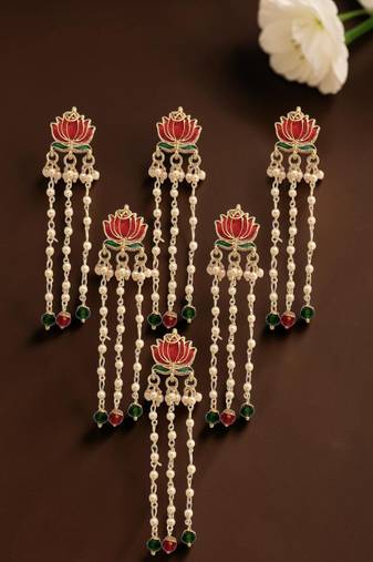 Set of 6 red lotus meenakari u pin head jewellery
