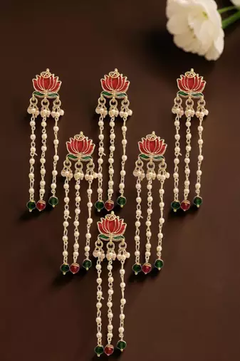 Set of 6 red lotus meenakari u pin head jewellery