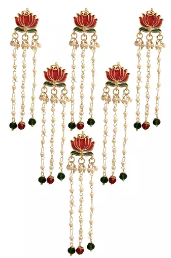 Set of 6 red lotus meenakari u pin head jewellery