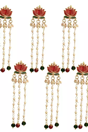 Set of 6 red lotus meenakari u pin head jewellery
