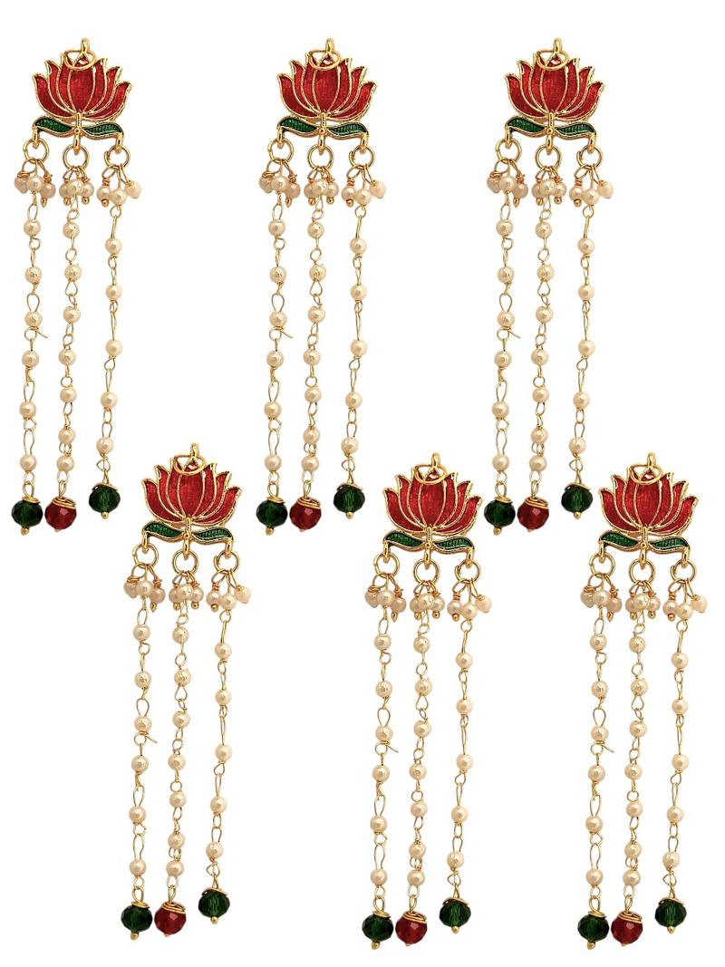 Set of 6 red lotus meenakari u pin head jewellery