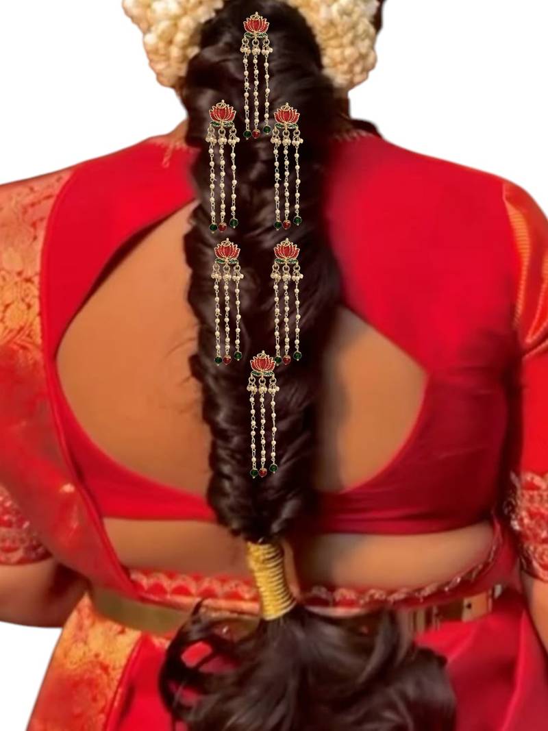 Set of 6 red lotus meenakari u pin head jewellery
