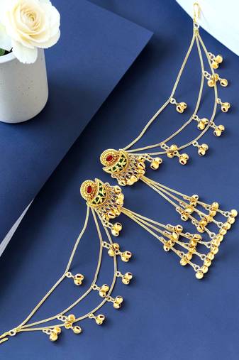 Matte gold plated kashmiri ear chain earrings