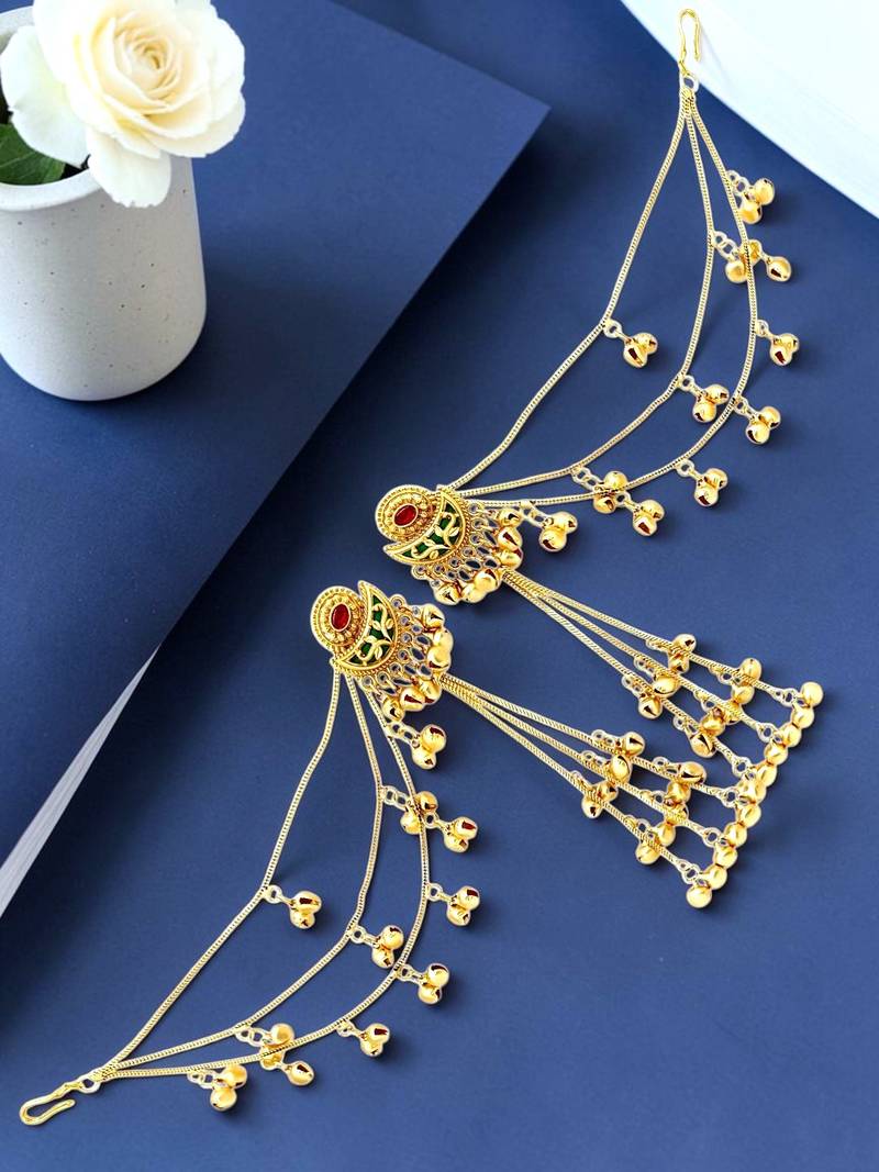 Matte gold plated kashmiri ear chain earrings