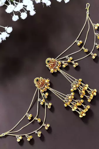 Matte gold plated heritage kashmiri ear chain earrings