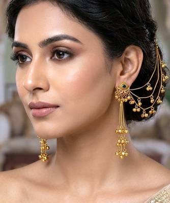 Matte gold plated heritage kashmiri ear chain earrings 4