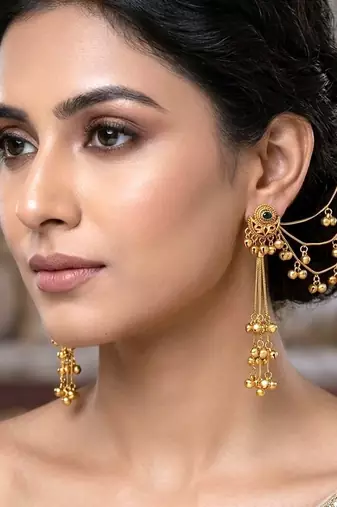 Matte gold plated heritage kashmiri ear chain earrings